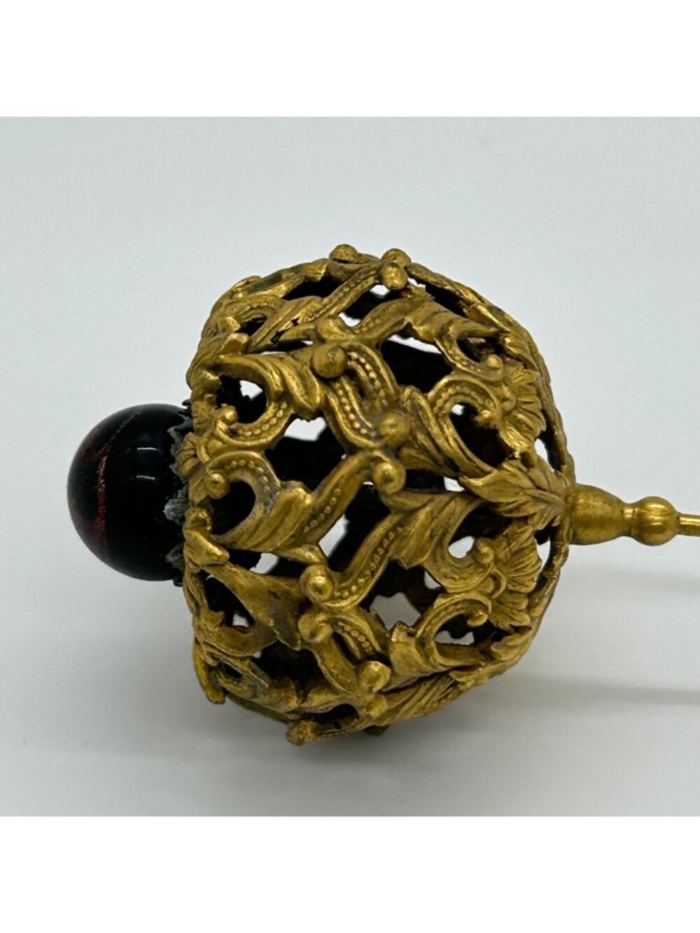 Antique Edwardian Hat Pin Gilded Brass Filigree Red Cabochon 1900s 9" READ - Picture 5 of 16